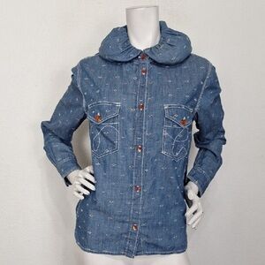 Mercibeaucoup Unique Rare Blue Western Chambray Shirt with Padded Collar Size M